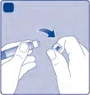 Two hands removing a protective cap from an injection pen with a blue arrow indicating the removal motion