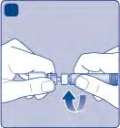 Two hands holding a cylindrical medical device and rotating it clockwise, as indicated by a downward-pointing blue curved arrow