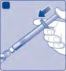 A hand holding a syringe at an angle, with a blue arrow indicating downward movement for administration