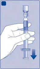 A hand holding a syringe vertically with a downward-pointing blue arrow indicating plunger movement