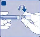 Two hands holding an injection pen while a curved arrow indicates rotational movement to screw or unscrew the device