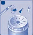Medical diagram showing a syringe connected via tubing to a vial, with an arrow pointing toward a circular container with stripes