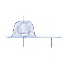 Technical diagram showing a cross-sectional view of a transparent medical device with a central vertical line on a flat base