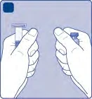 Two hands holding a vial and a syringe respectively, preparing the medication