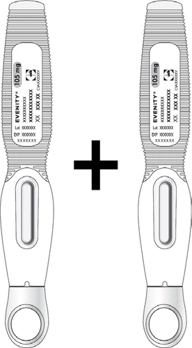 Two white Evenity medical devices of 105 mg placed side by side with a black plus sign in the center on a white background