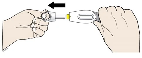 Two hands separating a white and gray medical device with a black arrow indicating movement to the left