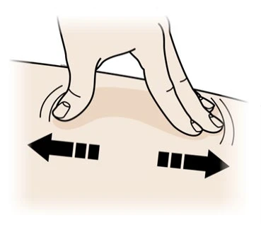 Illustration of a hand pinching the skin to create a fold, with two black arrows indicating lateral pulling motion