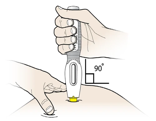 A hand holding an auto-injector positioned vertically at 90 degrees on the skin of the