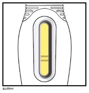 Technical drawing of a white medical device with a central oval window showing yellow liquid inside