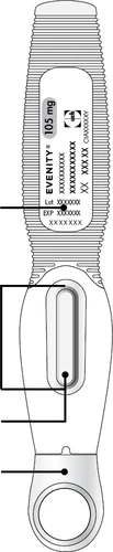 Evenity medical device with label indicating 105 mg, batch number, expiration date, and various technical instruction lines
