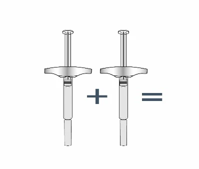 Diagram with two syringes placed side by side with a plus sign and an equals sign on a white background