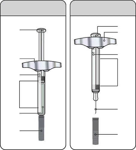 Technical diagram of a medical syringe showing component labels, transparent body, grip, and thin needle in two different views
