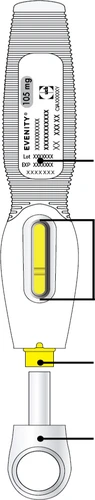 Technical drawing of an Evenity medical device showing batch and expiration details, with a central yellow inspection window
