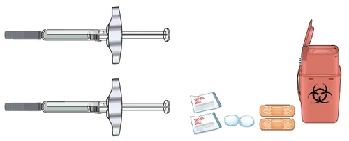 Syringe-type medical device with gray grip, two white pouches, two oval tablets, two skin-colored plasters, and a biohazard waste container