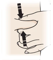 Schematic drawing of two hands pressing and pulling the skin with black arrows indicating pinching motion toward the