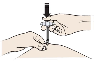 A hand pressing vertically down on the top of a syringe while the