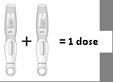 Two gray auto-injector pens placed side by side with a plus sign and an equals sign, and the text '1 dose' on a white background