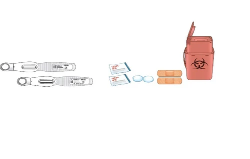 Two white medical devices, two pouches, two white discs, two skin-colored plasters, and an orange biohazard waste container