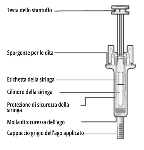 Diagramma tecnico di una siringa con etichette che indicano testa dello stantuffo, sporgenze per le dita, cilindro, protezione e cappuccio dell'ago