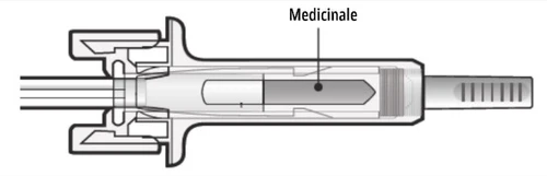 Schema tecnico di un dispositivo medico che mostra la sezione interna con il medicinale contenuto in una camera centrale tra i componenti