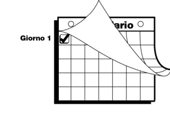 Disegno stilizzato di un calendario con una griglia e la scritta Giorno 1 accanto a una casella con un segno di spunta nero