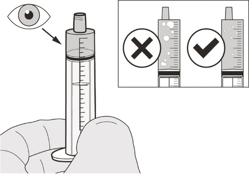 Drawing of a syringe held in hand with an eye checking the liquid and two icons showing the presence or absence of air bubbles