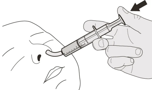 Technical drawing of a hand using a syringe with a flexible tube to administer medication to the