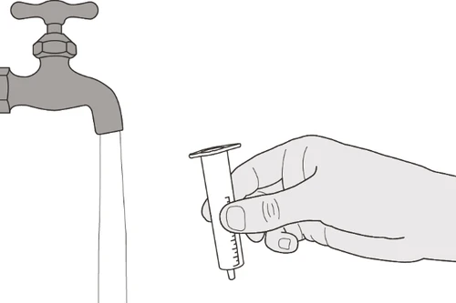 Stylized drawing of a hand holding a syringe next to an open tap from which a stream of water flows