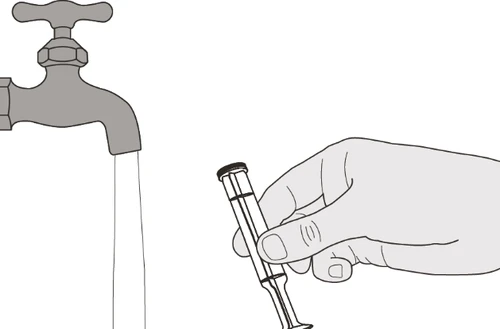 Line drawing of a hand holding a syringe next to an open tap from which a stream of water flows