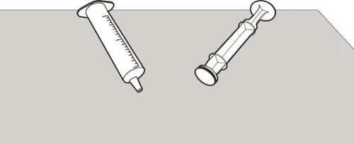 Stylized drawing of a graduated syringe body and a cylindrical container with plunger on a neutral gray background