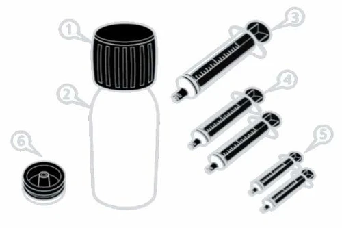 Medical diagram showing a medication vial numbered 1 and 2, several syringes with needles numbered 3, 4, and 5, and a cap numbered 6