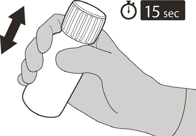 A hand grips a white vial with a timer and the text '15 sec' in the top right corner, and a black double-headed arrow on the left