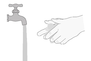 Stylized drawing of an open tap with water flowing toward a hand washing with soap foam