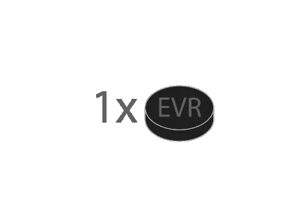 Graphic symbol with the text '1x' next to a dark circular tablet with 'EVR' inscribed on the upper surface