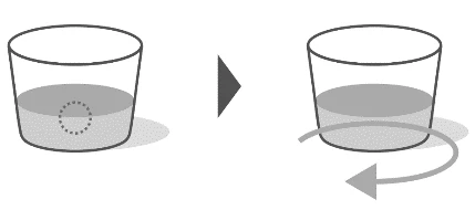 Diagram showing two glasses with liquid and an arrow indicating circular stirring motion of the contents