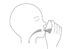 Line drawing of a head in profile drinking from a glass with an arrow indicating the passage of liquid toward the throat