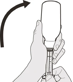 Two hands hold a syringe with a cylindrical container while a black curved arrow indicates rotational movement toward the
