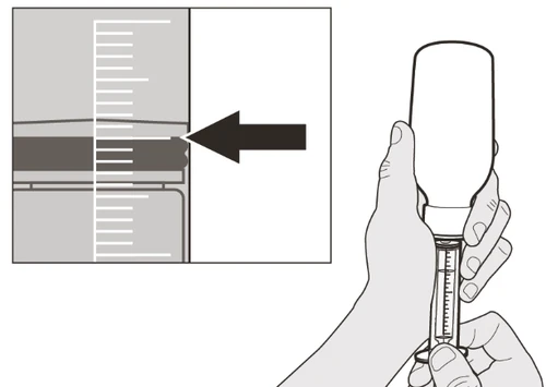 Technical drawing showing a hand holding a vial while the