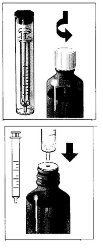 Diagramma medico che mostra una siringa accanto a un flaconcino con una freccia che indica la rotazione del tappo e l'inserimento dell'ago nel flacone