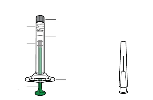 Technical diagram of a transparent syringe with a green plunger and a separate white protective cap