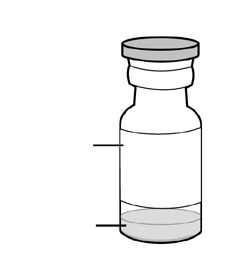 Schematic drawing of a glass vial with a gray cap and two horizontal black lines indicating internal liquid levels