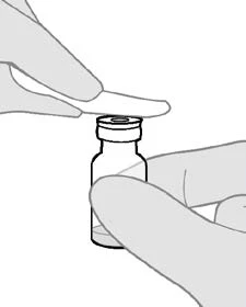 Two hands holding a small glass vial with a ribbed cap for seal removal or opening