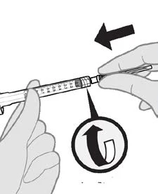 Two hands handling a syringe with an arrow indicating the rotational movement of the cap for removal