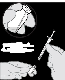 Medical illustration showing a hand holding a syringe and a medication vial with a magnified detail of the connection point