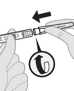 Two hands placing a cylindrical cap onto the tip of a graduated syringe following a rotational direction indicated by black arrows