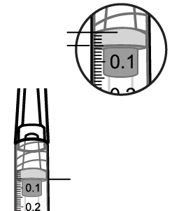 Magnification of a syringe with a graduated scale showing the liquid level between the 0.1 and 0.2 ml marks