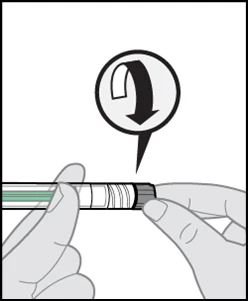 Two hands holding an injection pen while a black curved arrow indicates the downward rotational movement of the end cap