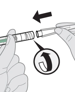 Two hands separating the components of a syringe with black arrows indicating the extraction movement outward