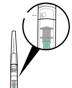 Technical drawing of a pen syringe with a circular magnification showing details of the internal mechanism and air bubbles