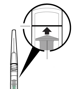Technical diagram showing a magnified detail of a syringe with a black arrow pointing upward